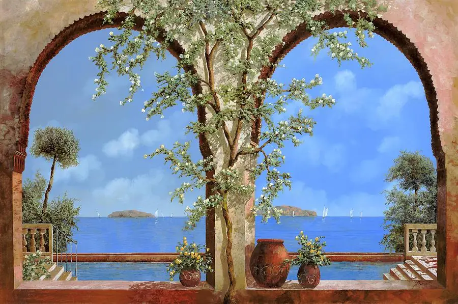 View of Mediterranean Sea Ocean from Arch Windows White
