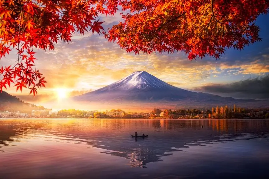 Mountain Fuji with Morning Fog and Red Leaves at Lake