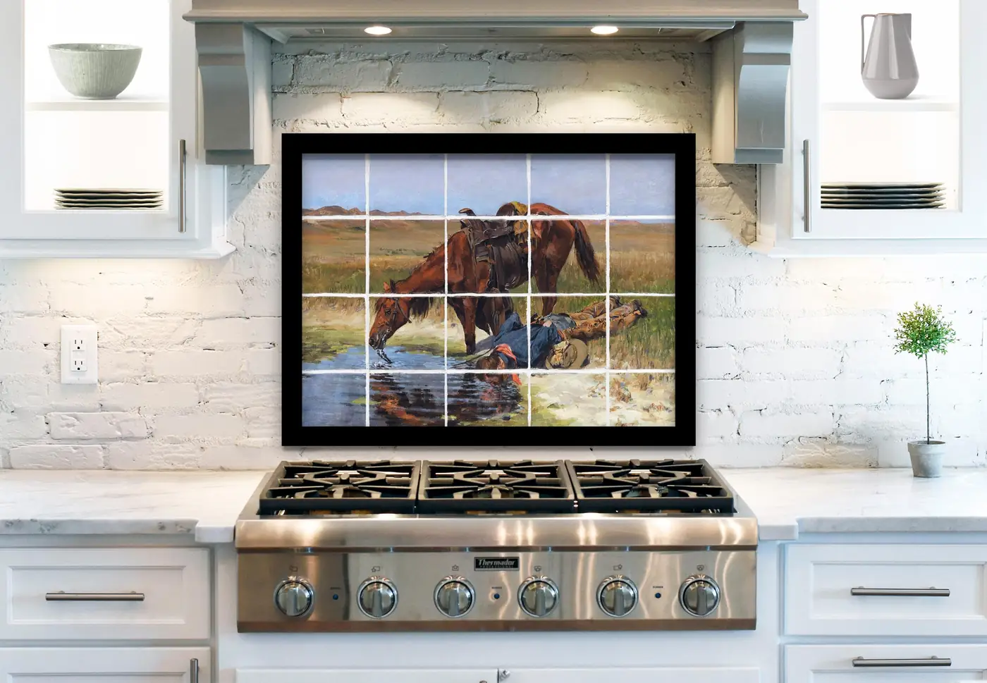 Cowboy and Horse at Waterhole by Lorenz installed