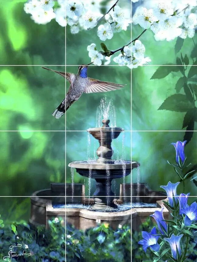 Hummingbird Bird Garden Flowers Water Fountain