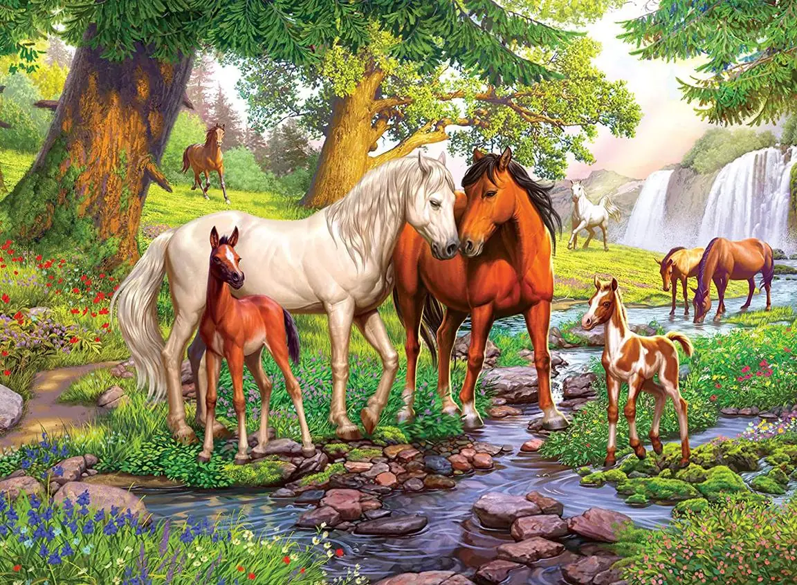 Wild Horses in Enchanted Forest Tropical Waterfall