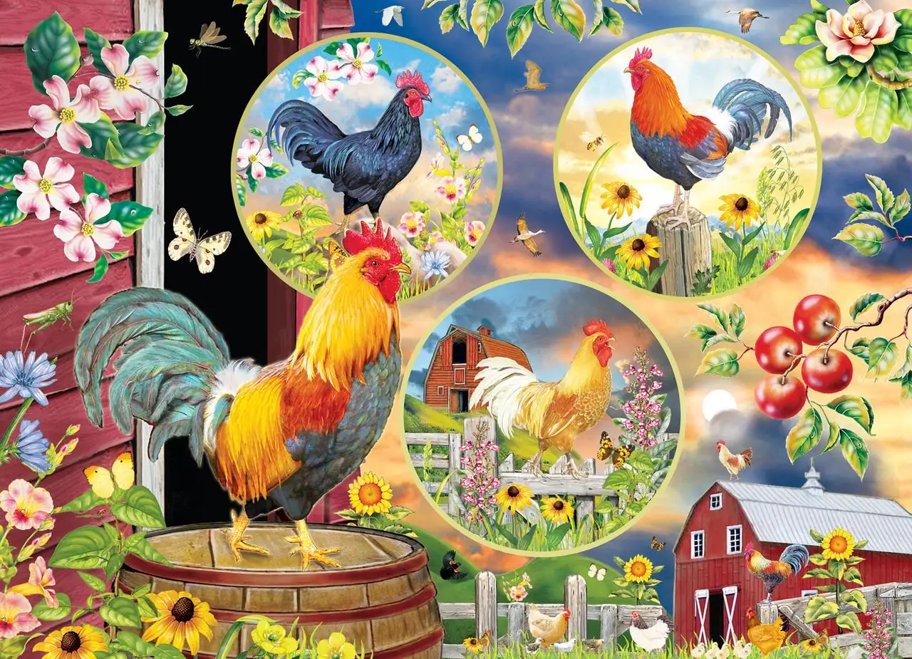 Chickens Rooster in Farmyard Barn Flower Garden