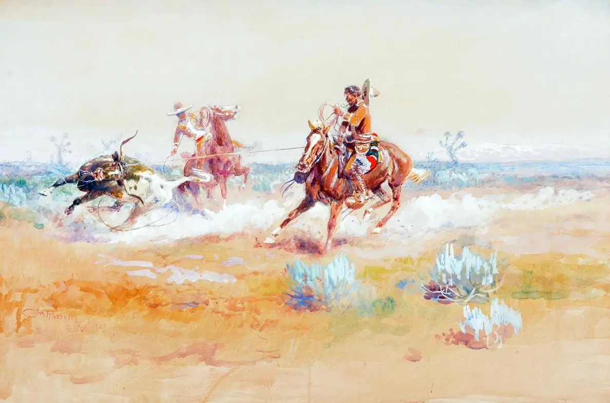 Mexican Vaqueros Roping a Steer by Charles M. Russell