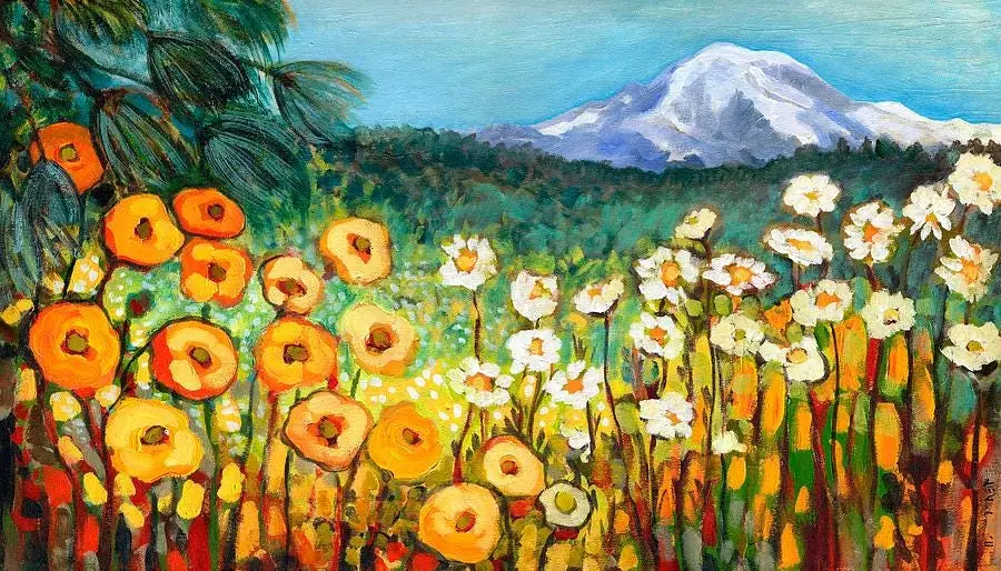 A Mountain View from Poppy Flower Field Meadow Garden