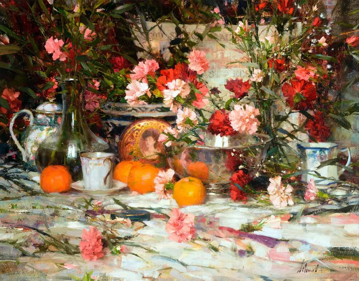 Still Life with Carnations Flowers Tea Kettle Cups
