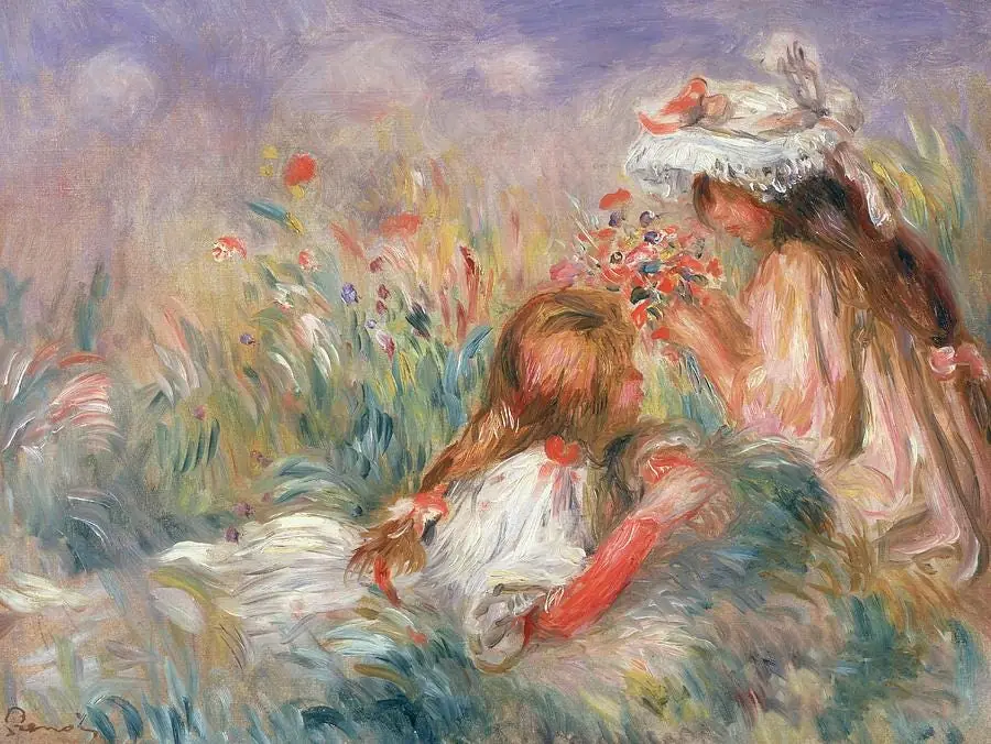 Two Children Seated Among Flowers Pierre Auguste Renoir