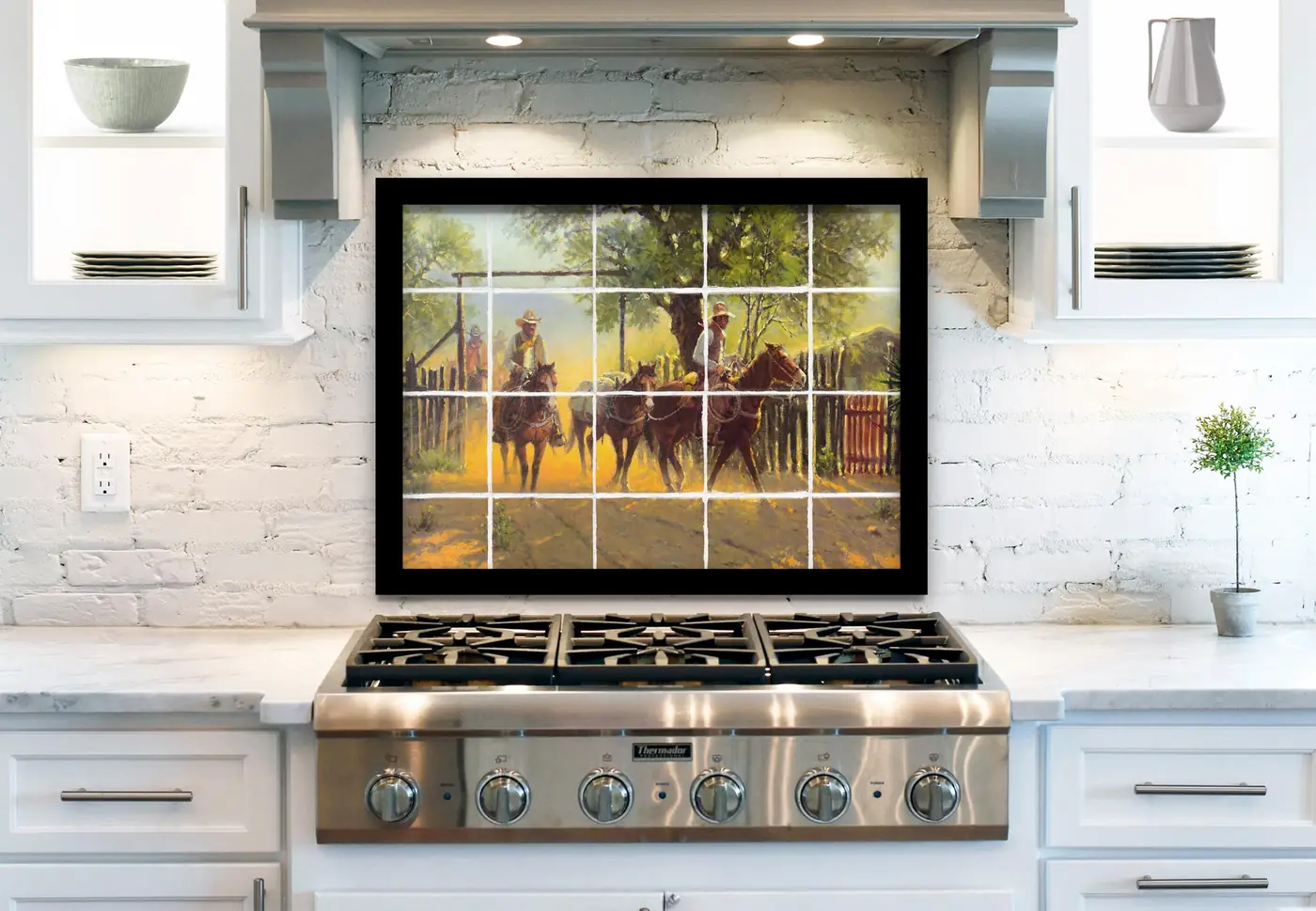 Cowboy on Horses in Ranch Sunset installed