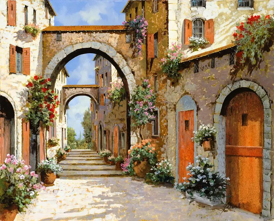 Rustic Tuscany Village Scene Flower Pot Garden