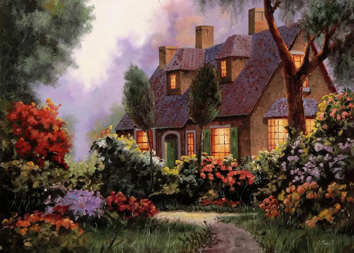 Country Cottage in the Morning with Flower Garden