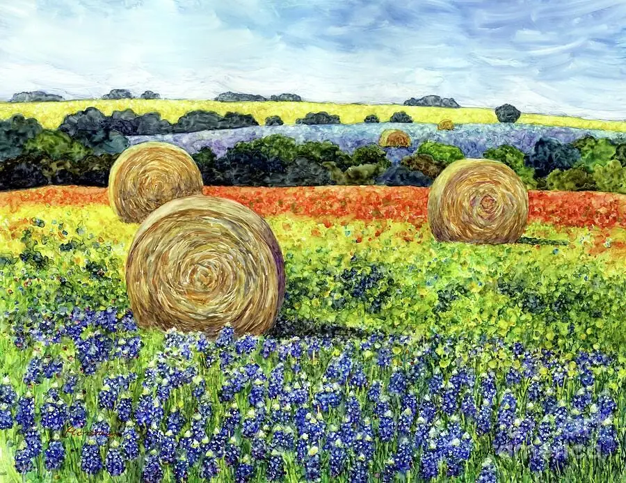 Hay Bales and Bluebonnet Wildflowers Garden