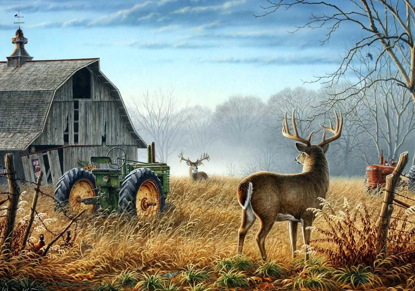 Old Rivals, American Country Farm Barn with Deer