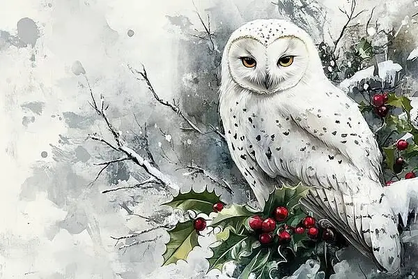Snowy White Owl with Yellow Eyes