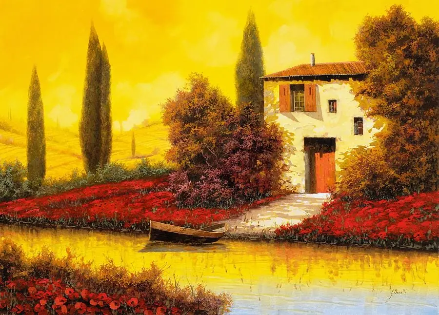 Many Poppies and Cypress Trees Along the River