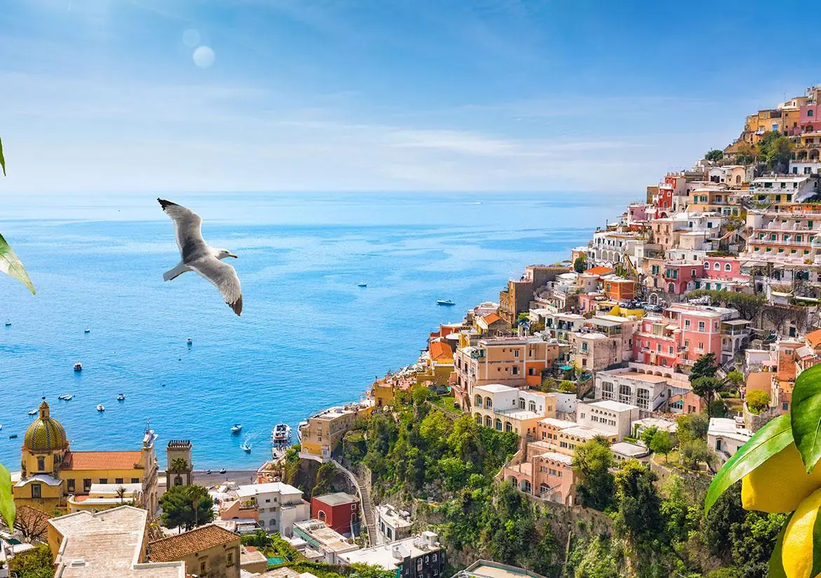 Positano Beaches and Azure Sea on Amalfi Coast in Campania