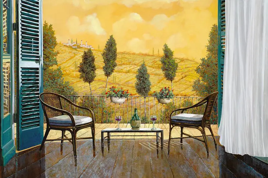 Tuscany Terrace Landscape View with Glass of Wine