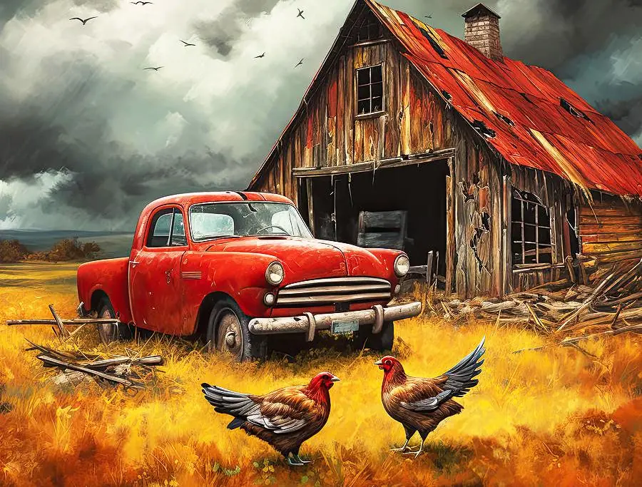 Old Barn and Red Truck, Chicken Roosters
