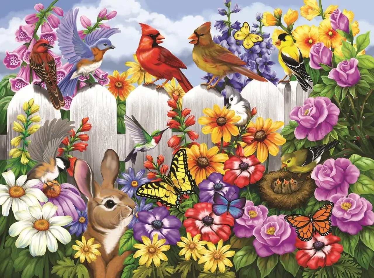 Spring Birds, Rabbits in Flower Garden