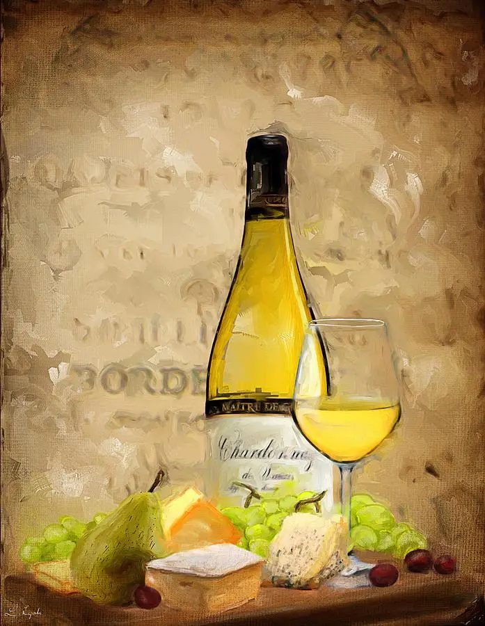 Still Life with Chardonnay Wine Cheese Fruits