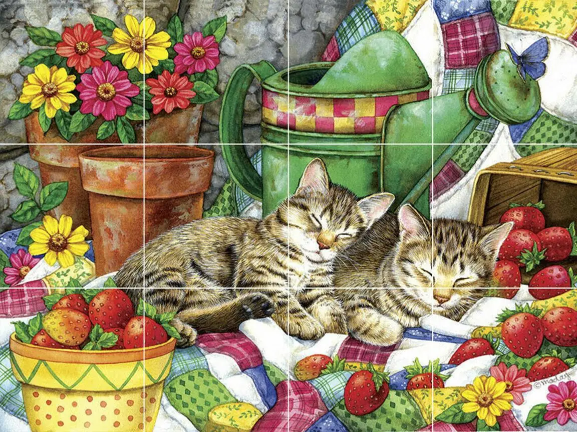 Cats Kittens Napping in Country Garden Flowers