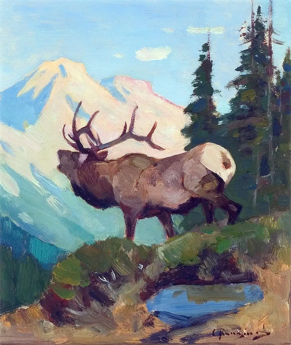 Rungius Bugling Elk in the High Country Wildlife
