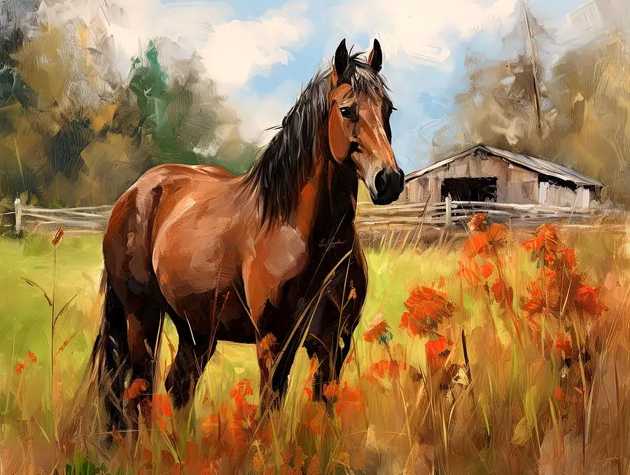 Horse and Barn in Autumn