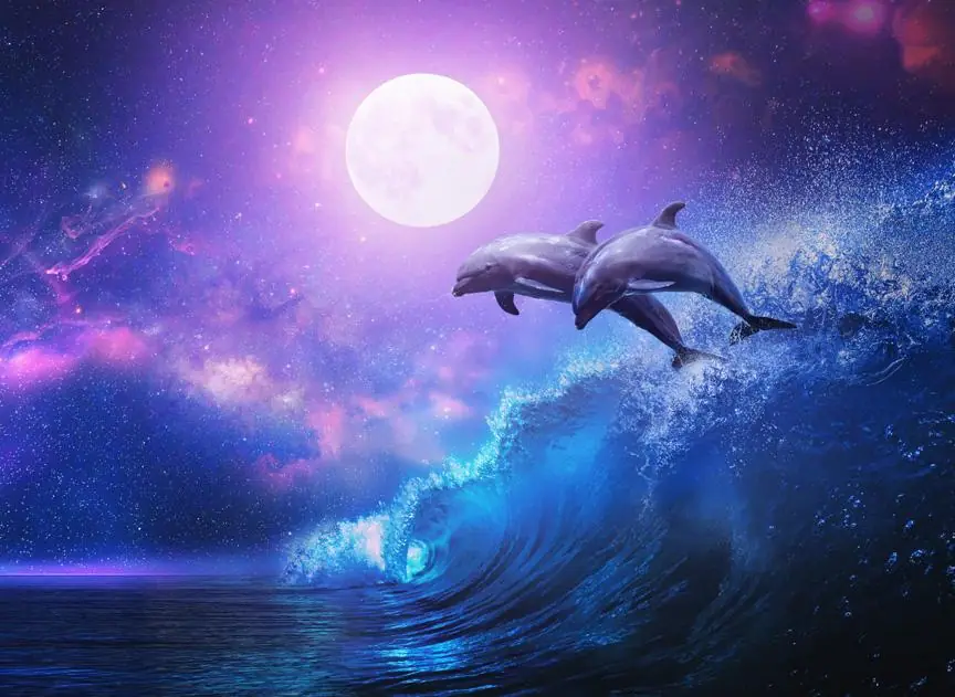 Dolphins Leaping Night Ocean Surfing Wave Full Moon