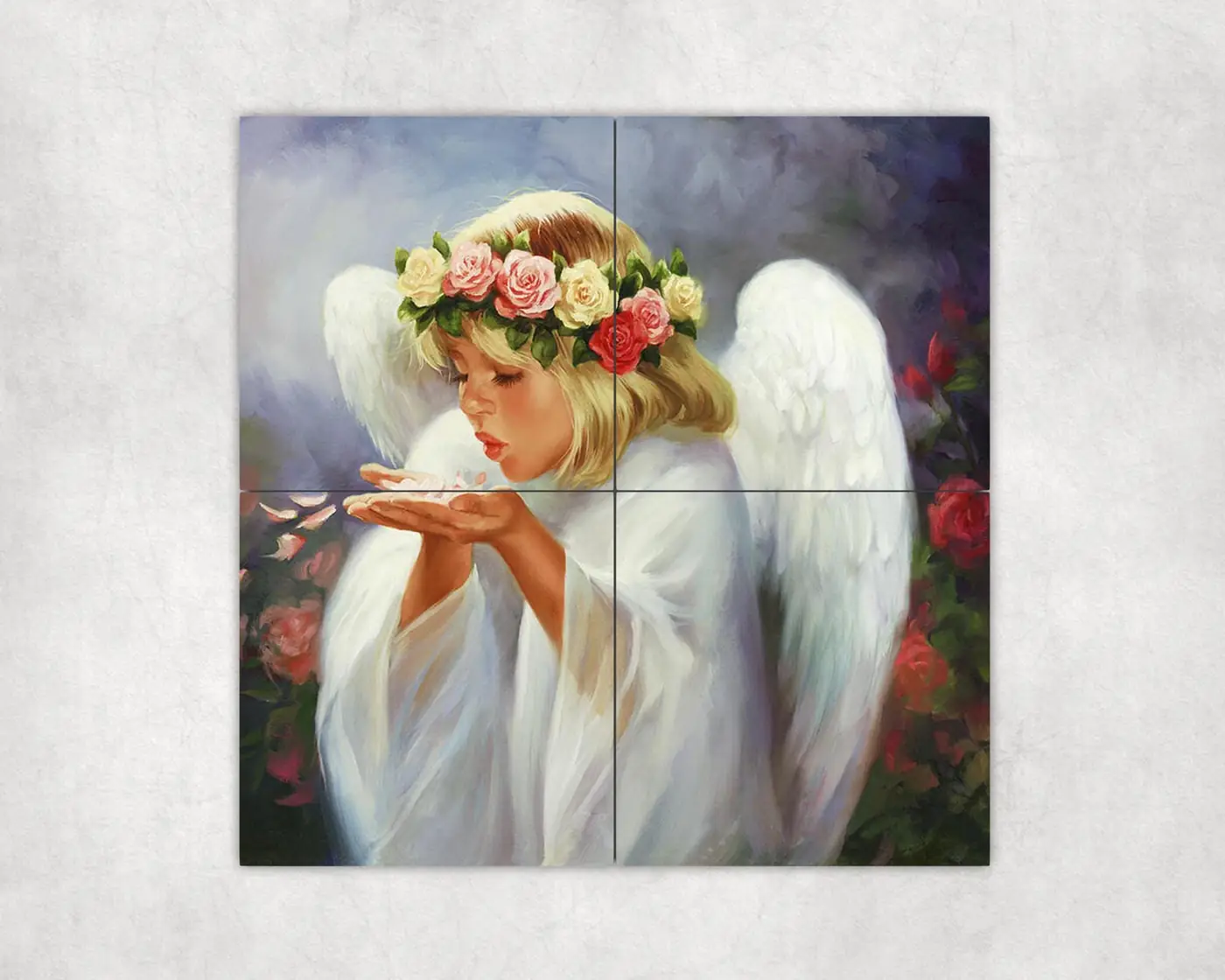 Angel in Rose Flower Garden Blowing Rose Petals