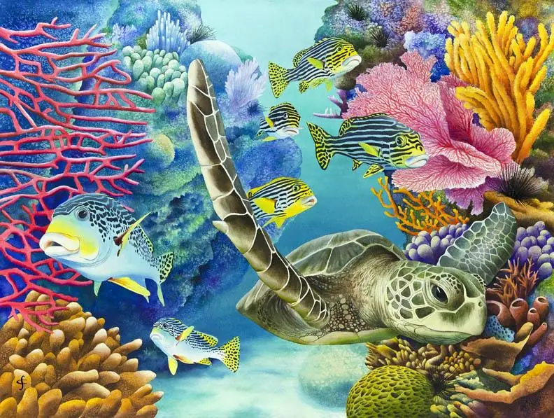 Sea Turtle and Tropical Fish in Coral Reef