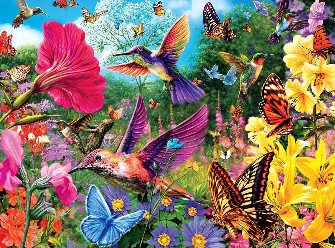 Hummingbirds Butterflies.in Summer Flower Garden