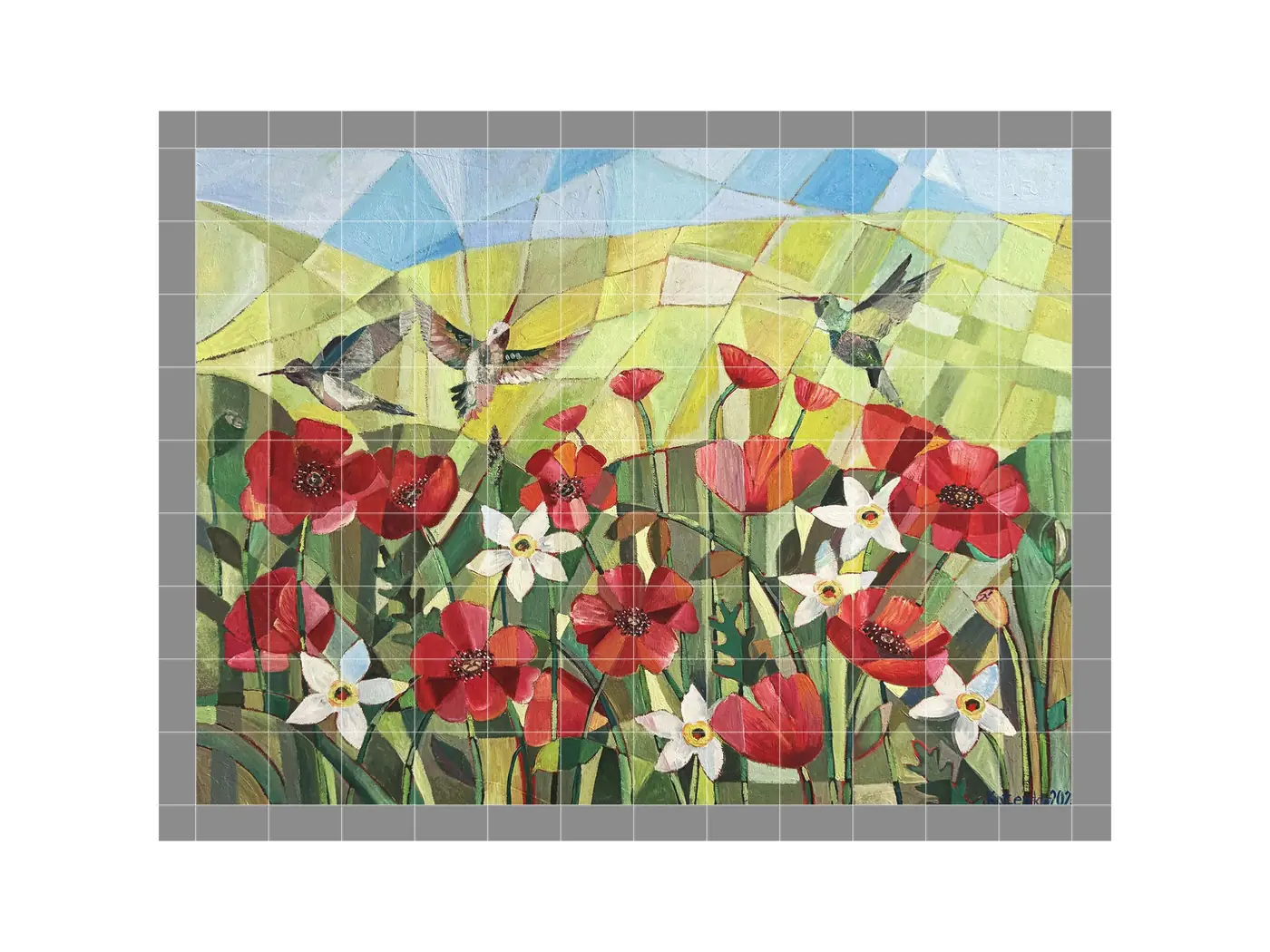 Hummingbirds Birds Red Poppy Flower Garden