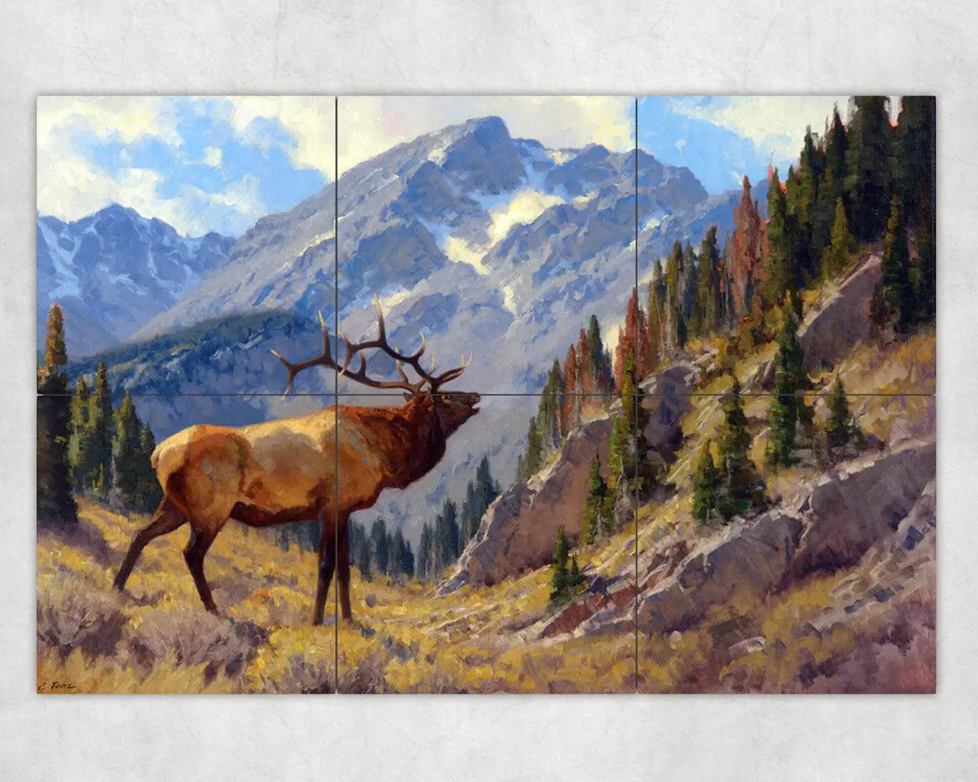 Bugling Elk in Woodland with Mountain View ceramic tile mural