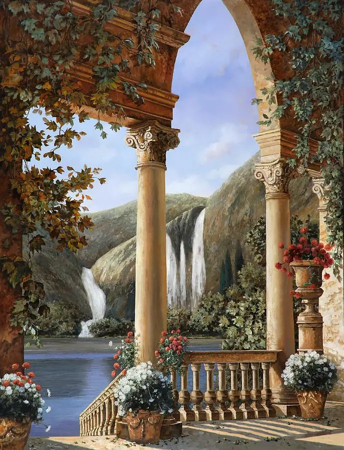 Waterfall View from Arch Terrace with Flower Garden
