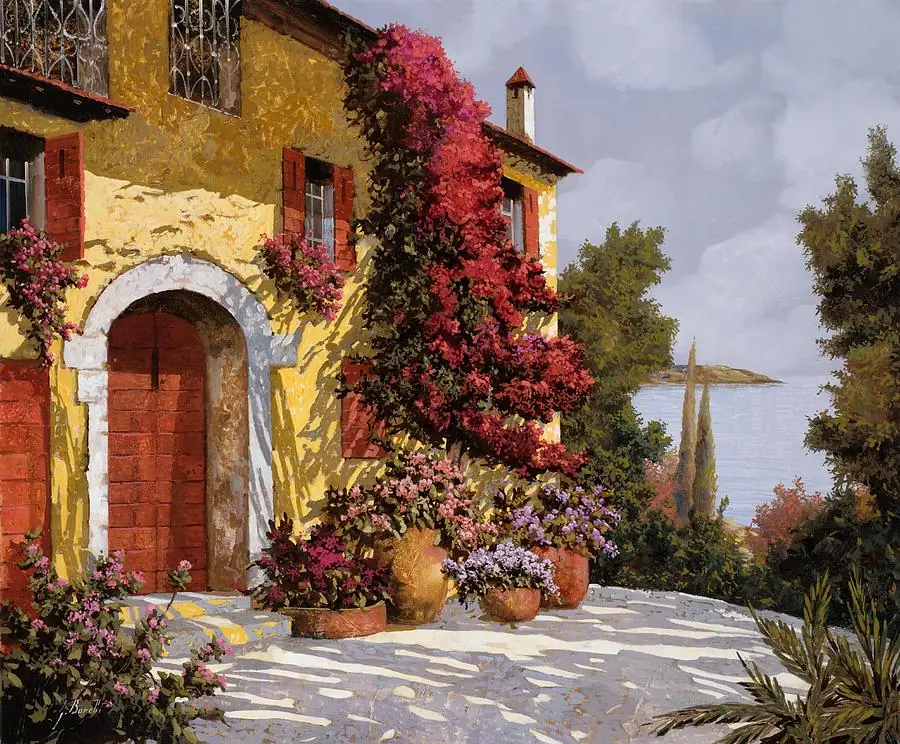 Mediterranean Sea View Bougainvillea Flower Garden