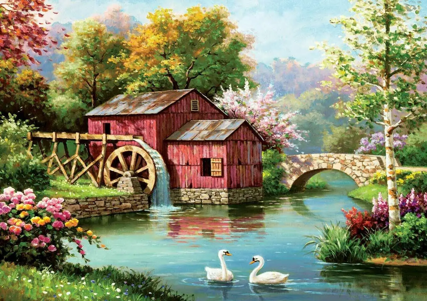 Country Watermill Lake Swan Flowers Garden Nature