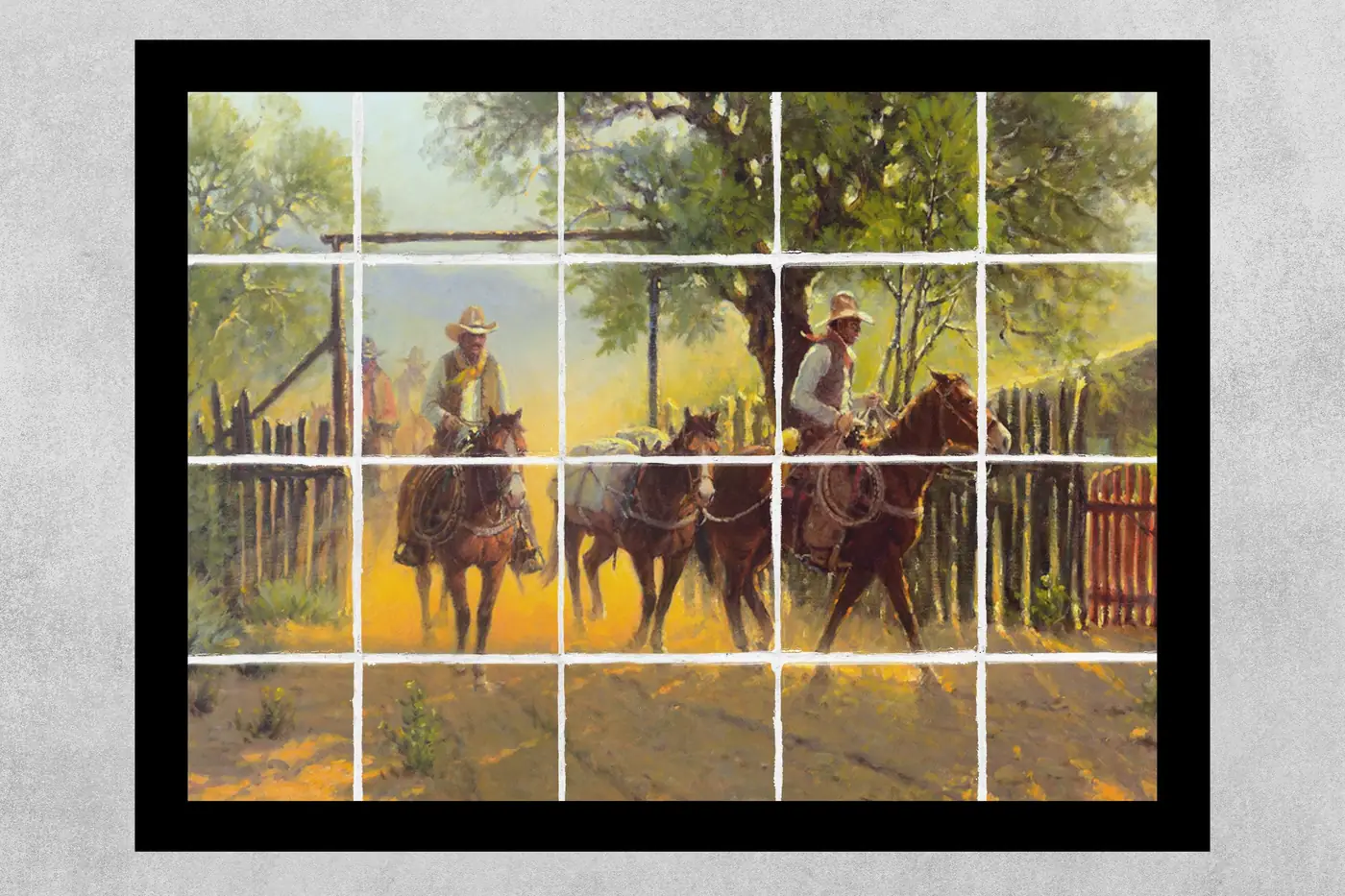 Cowboy on Horses in Ranch Sunset