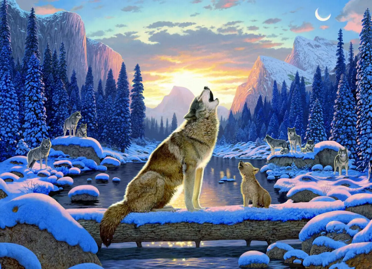 Wolf and Cub Howling at the Moon in Winter Landscape
