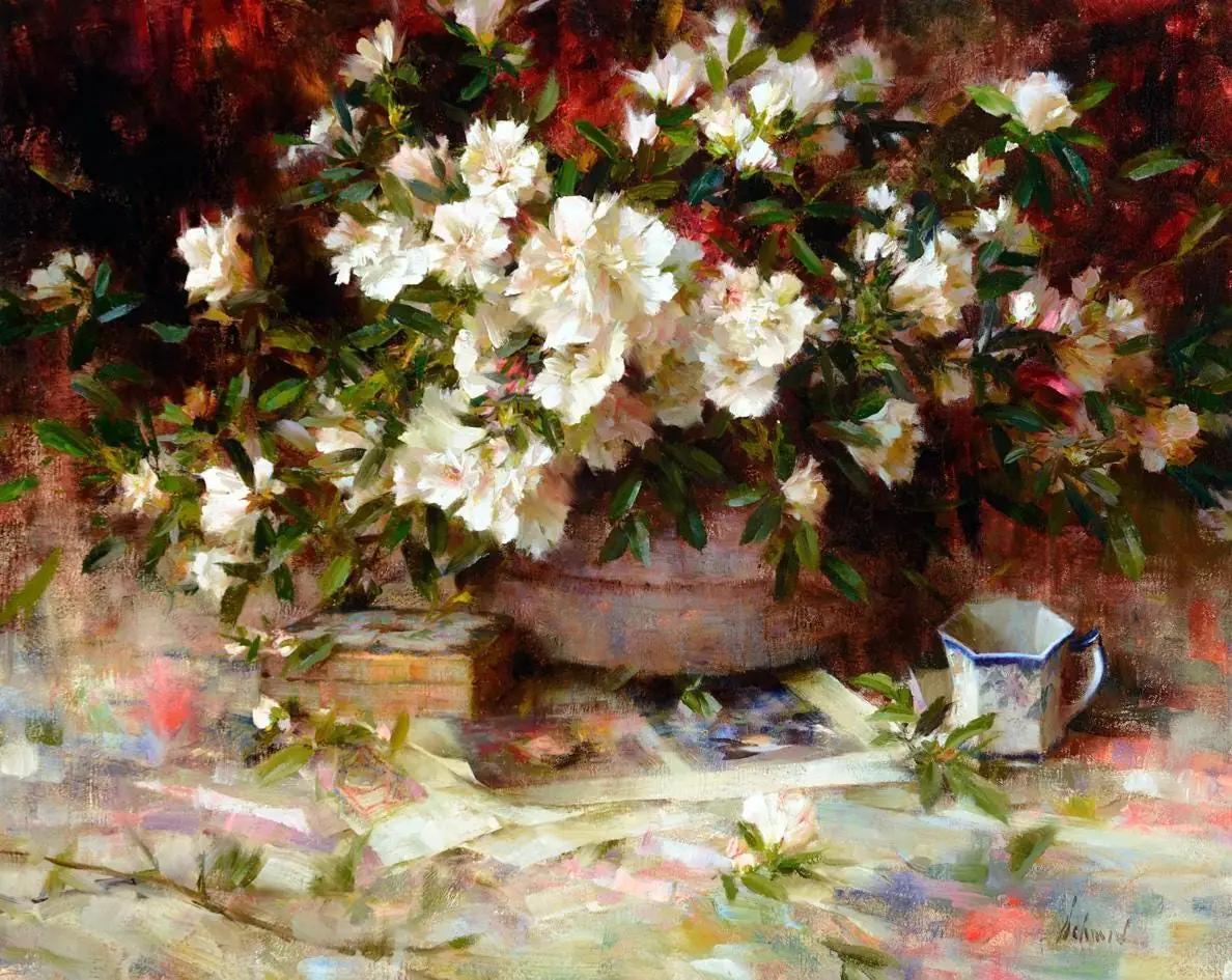 Still Life with White Azaleas and Tea Cup by Schmid