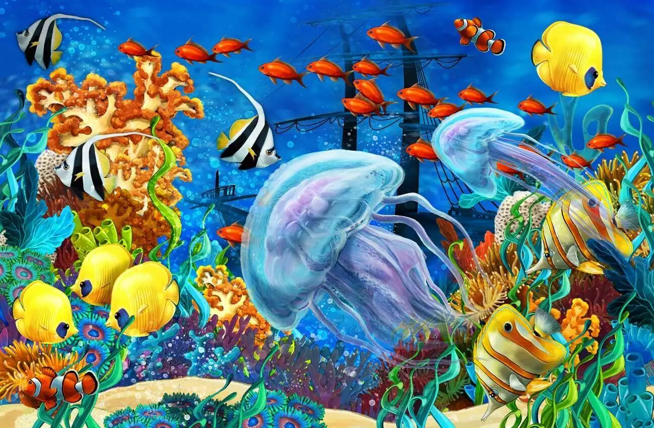 Jellyfish Tropical Fish Undersea Coral Reef Seascape
