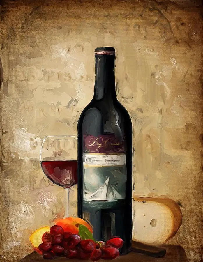 Still Life Cabernet Wine with Cheese and Red Grapes