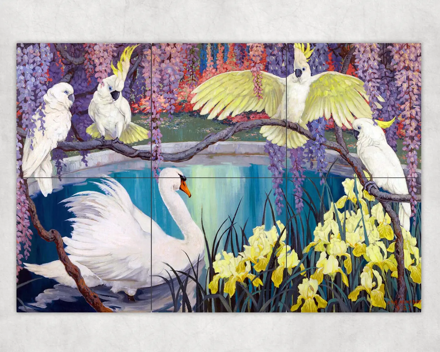 Cockatoos, Parrots, Swan and Irises Wisteria Garden