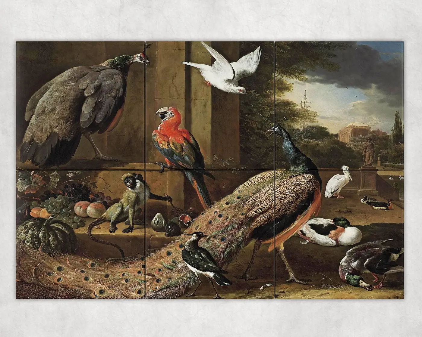 Antique a Peacock a Peahen a Monkey and Other Birds