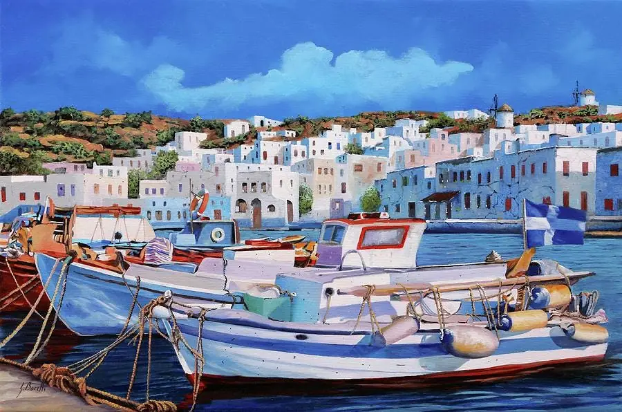 Santorini Greece Port with Windmills and Boats in Harbor