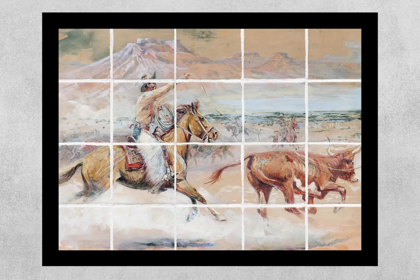 Borein, Cowboys Roping a Steer Longhorn Cow Mountains