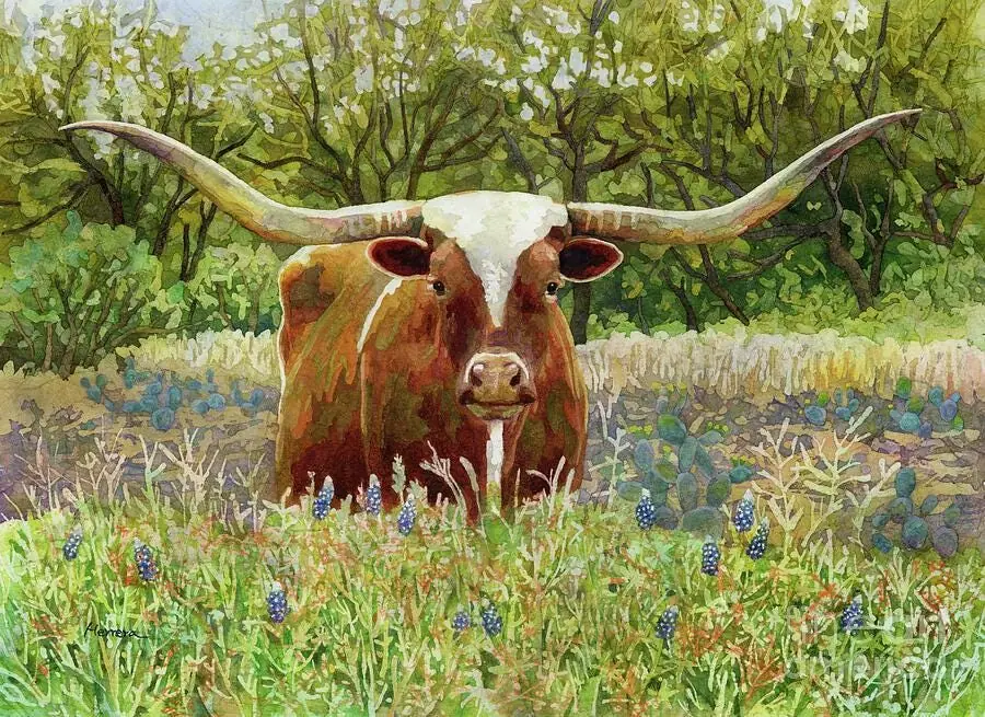 Texas Longhorn Cow in Bluebonnet Flower Field Garden