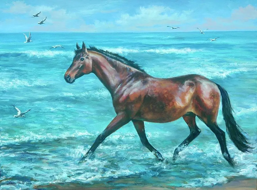 Beach Trot, Wild Horse on Ocean Beach with Seagulls