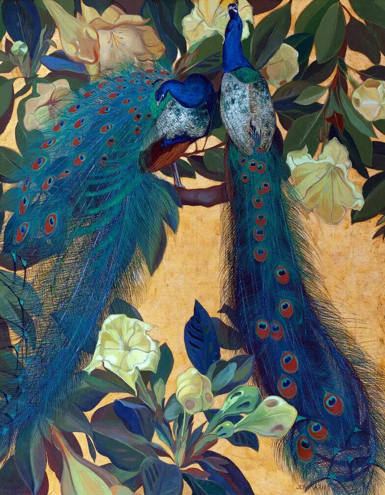 Blue Peacocks in Golden Background Jessie Arms Bot