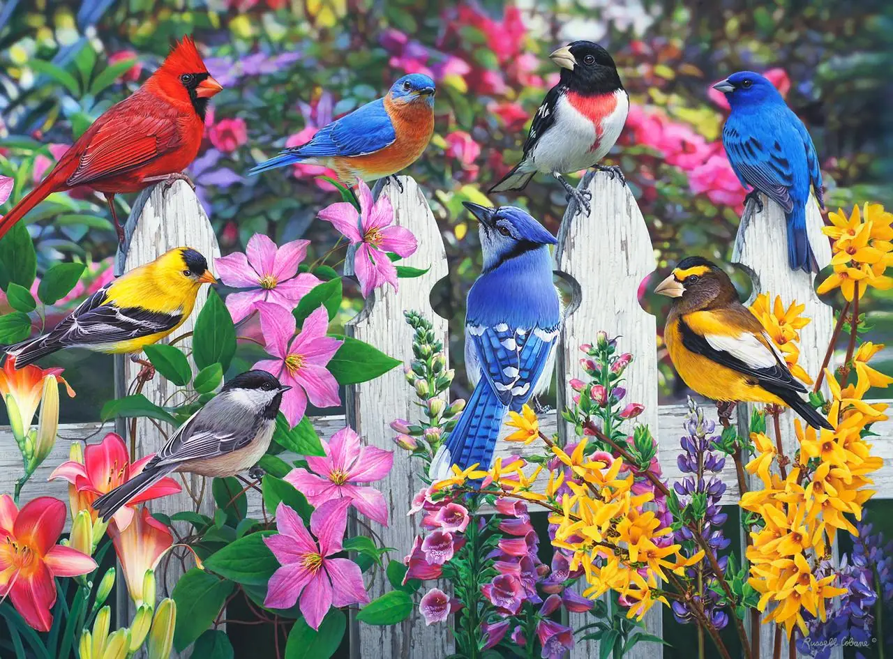 Spring Birds in Flower Garden