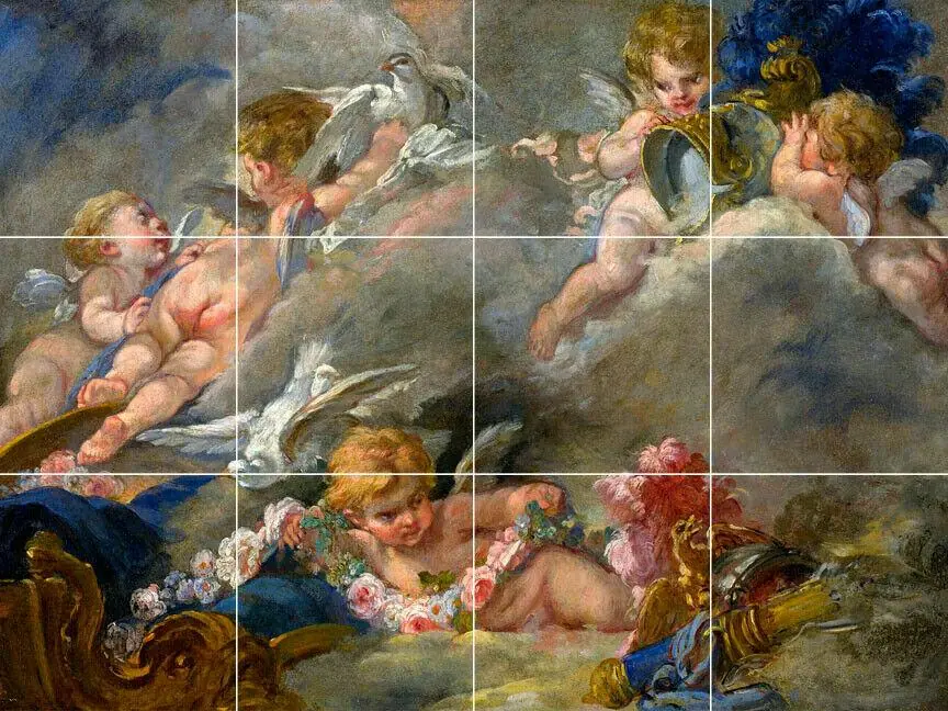 Cupid Cherub and Doves with Garland Flowers Roses