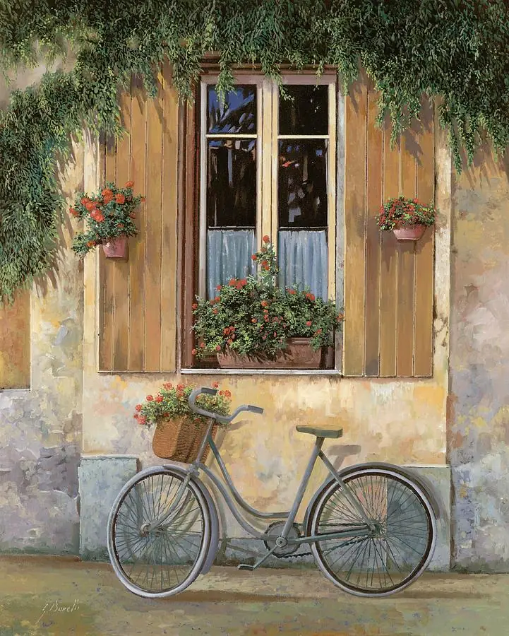 Romantic Tuscany Street Scene with Bicycle Flower Garden