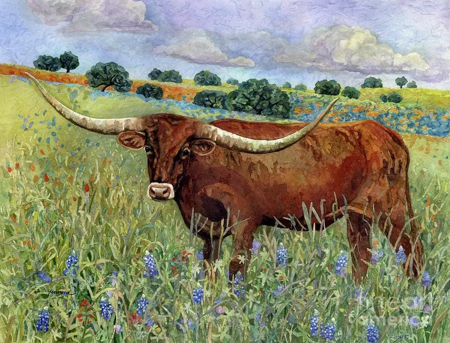 Texas Longhorn Cow in Bluebonnet Flower Field Garden